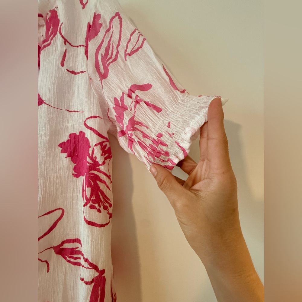 Kindred White Pink Floral Shift Dress Ruffle Neck Short Sleeve Drop Waist🩷 - Picture 7 of 12